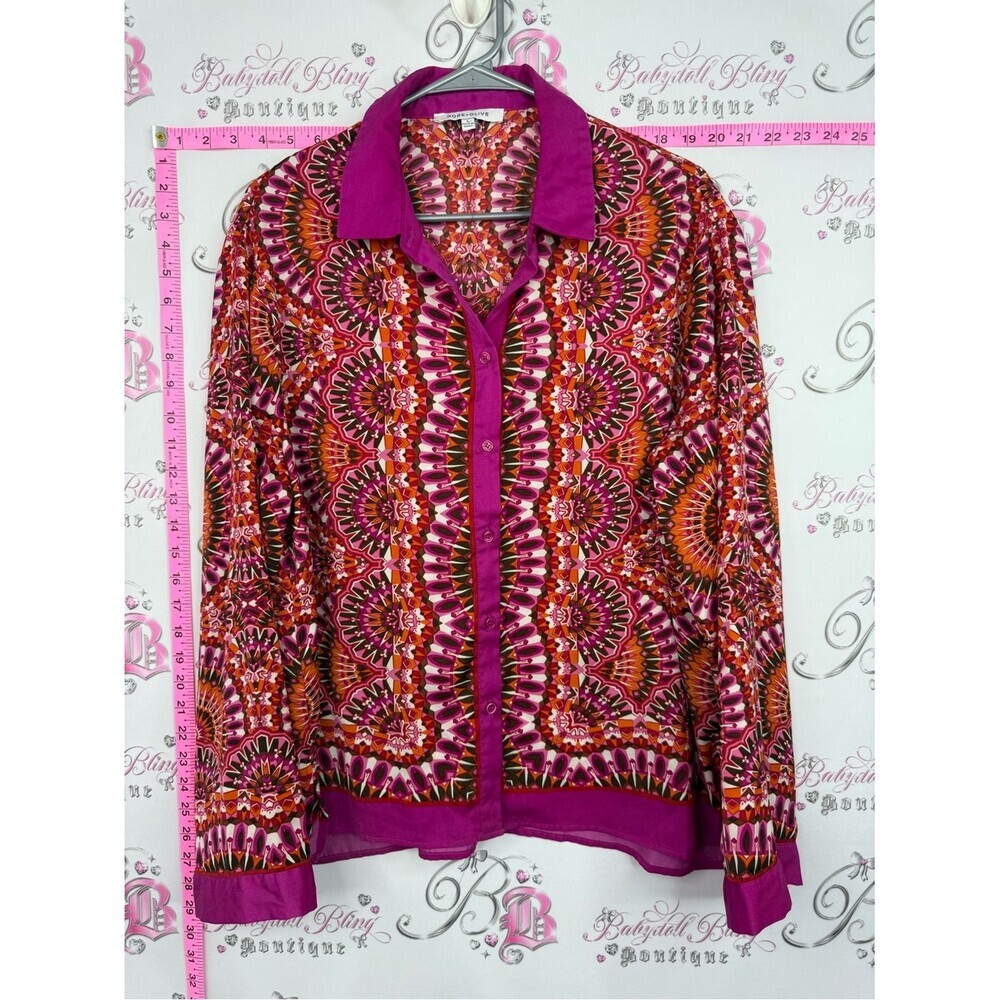 Rose olive shirt paisley Women's Printed Button-Up Blouse in Fuchsia Pink